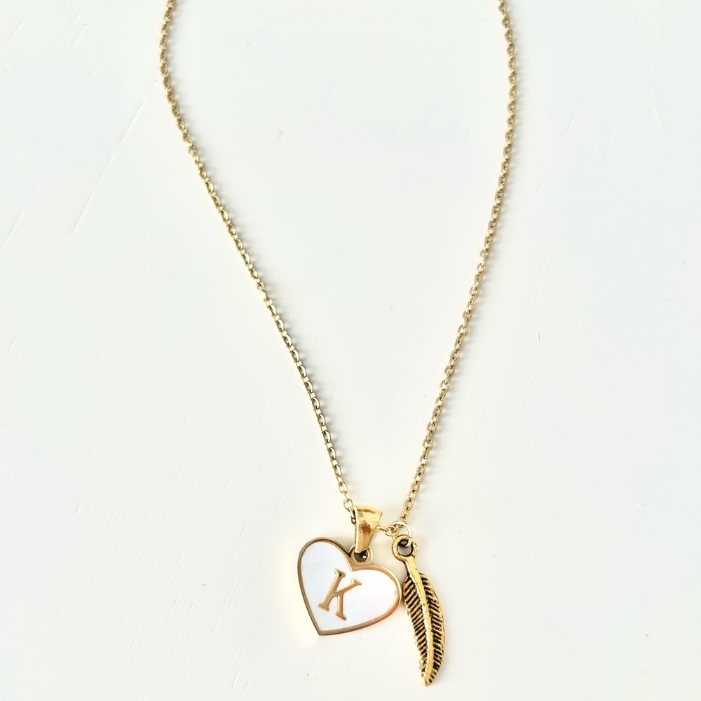 Initial Letter Necklace. K. Gold Heart and Feather 14k Gold Plated